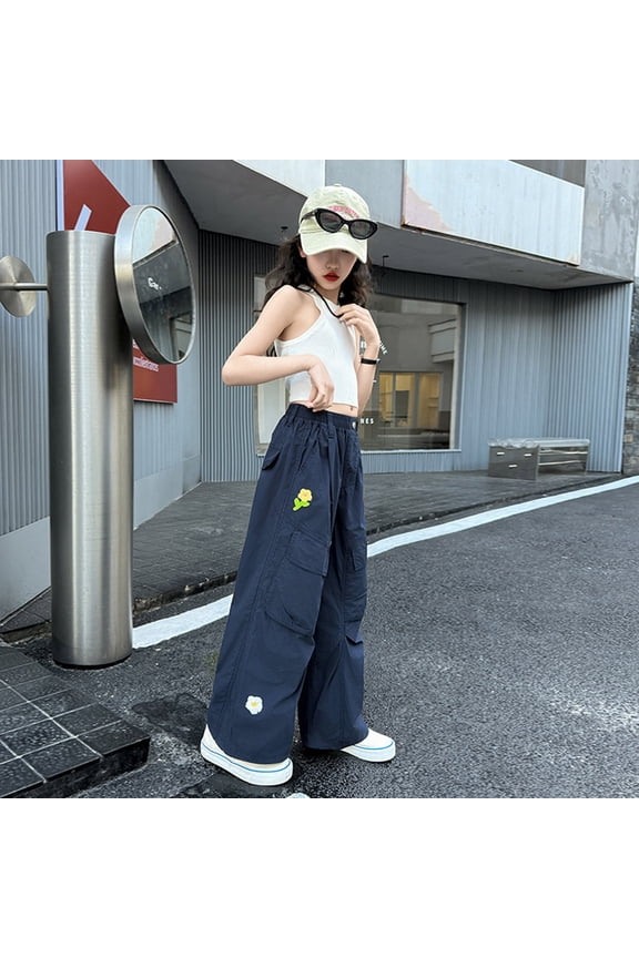Girl Pants Size 8-9Y Kids Cartoon Print Cargo Wide Leg Trousers Breathable