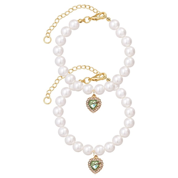 Girl Pearl Collar with Heart Rhinestone, Cute Collars for Girls, Adjustable Length, Pet Necklace Accessory - Green, Small (Fits 8-10 Inch Necks)