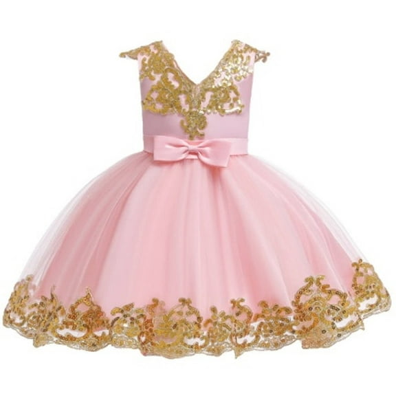 Girl Pink Dress with gold without Sleeves For Wedding, Pageant, Christmas, Eid, graduation and Birthday 6M-1 years old