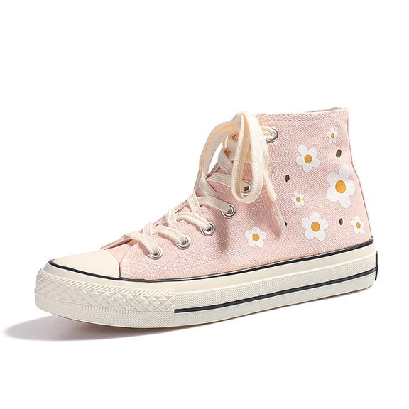 Girl Pink Flower High-top Canvas Shoes, All-match Comfortable Skateboard Shoes, Sport Flat Shoes