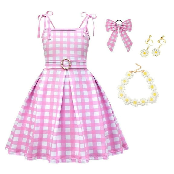 Girl Pink Plaid Costume Dress Halloween Movie Cosplay Outfits 3-10 Year