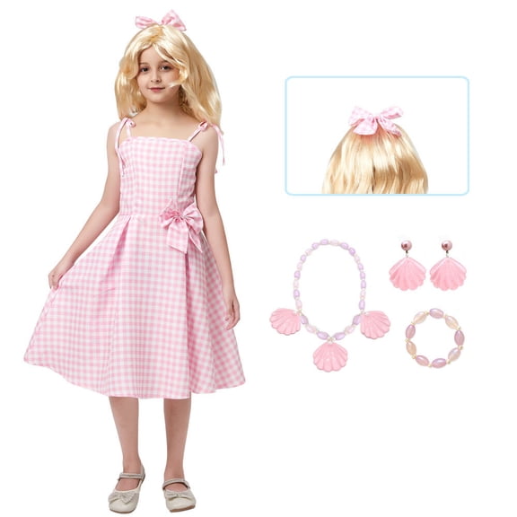 Girl Pink Plaid Hollow Dress Movie Cosplay Costume Outfits, 4-8Y