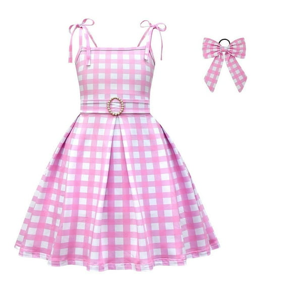 Girl Pink Plaid Sleeveless Dress Halloween Party Cosplay Costume
