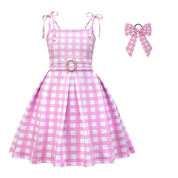 Girl Pink Plaid Sleeveless Dress Halloween Party Cosplay Costume