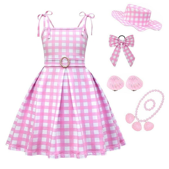Girl Pink Plaid Sleeveless Dress Halloween Party Cosplay Costume