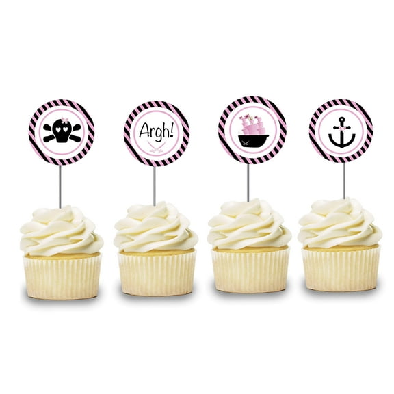 Girl Pirate Cupcake Toppers 12 PCS, Pink Nautical Cake Picks, Baby Shower, Birthday Party Decorations Supplies , Sailor Themed