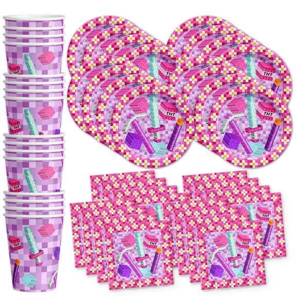 Girl Pixel Mining Birthday Party Supplies Set Plates Napkins Cups Tableware Kit for 16