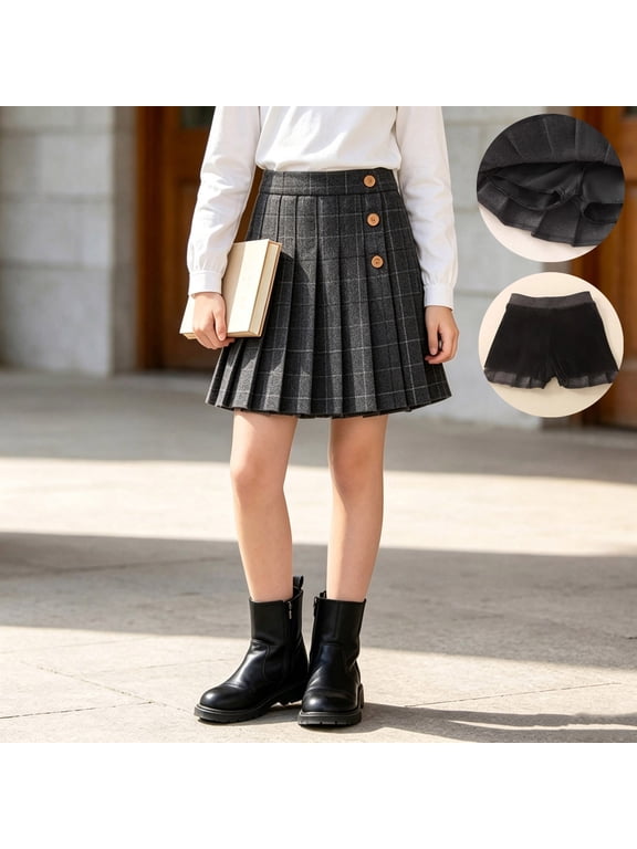 Girl Plaid Pleated Skirt Built In Lined Short High Waist Button A Line Skort