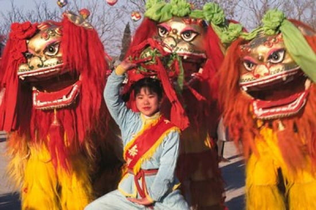 Girl Playing Lion Dance for Chinese New Year Beijing China Canvas Art - Keren Su DanitaDelimont (36 x 24)