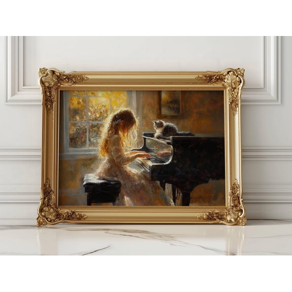 Girl Playing Piano With Her Cat Poster, Music Room Decor, Pianist Print, Cat Lover Print,, Stretched Canvas Size 16x24