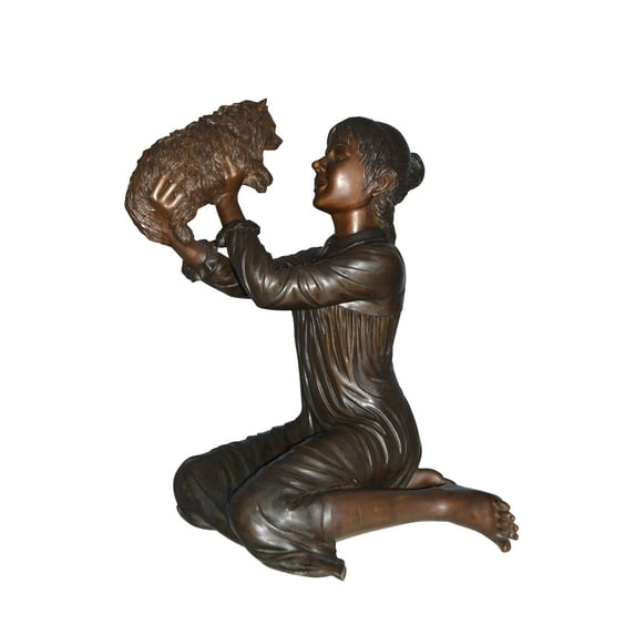 Nifao Girl Playing With Her Little Dog Bronze Statue – Home Decor Sculpture, 22"L x 22"W x 30"H