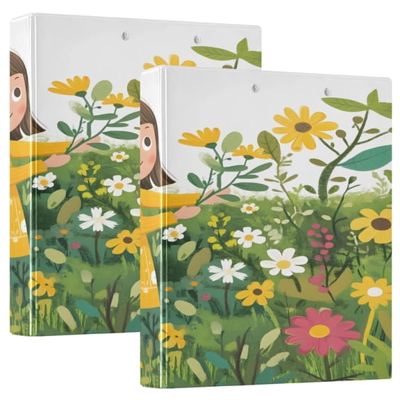 Girl Pluck Flowers 12.4x10.6in PVC Round Ring Binders, 2-Pack, D-Ring 3-Hole, Metal Clip