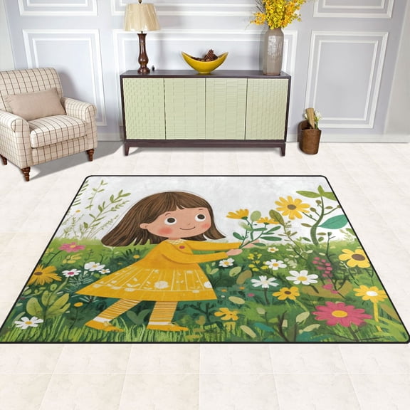 Girl Pluck Flowers 63''x48'' Plush Memory Foam Bath Mat, Soft, Absorbent, Non Slip, Durable