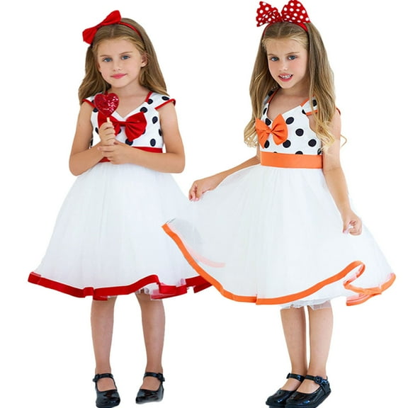 Girl Polka Dots Fancy Dress Up Birthday Party Tulle Dress with Headband, 3-9Year
