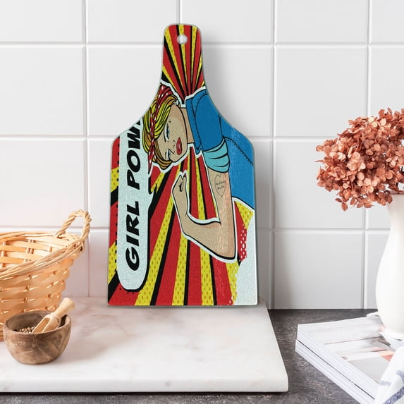 Girl Power Cutting Board, Factory Girl with Biceps Pop Art Comics Retro Style Halftone Motifs Backdrop, Decorative Tempered Glass Cutting and Serving Board, in 3 Sizes, by Ambesonne