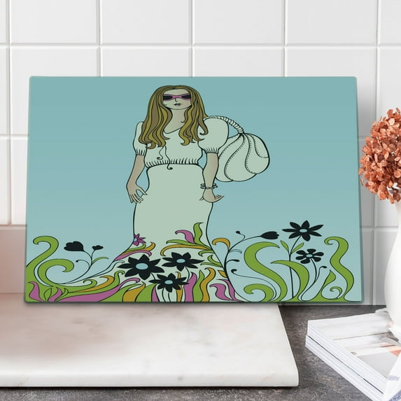 Girl Power Cutting Board, Vintage Sixties Hippie Fashion Woman Civil Rights Movement Themes Floral Motifs, Decorative Tempered Glass Cutting and Serving Board, in 3 Sizes, by Ambesonne