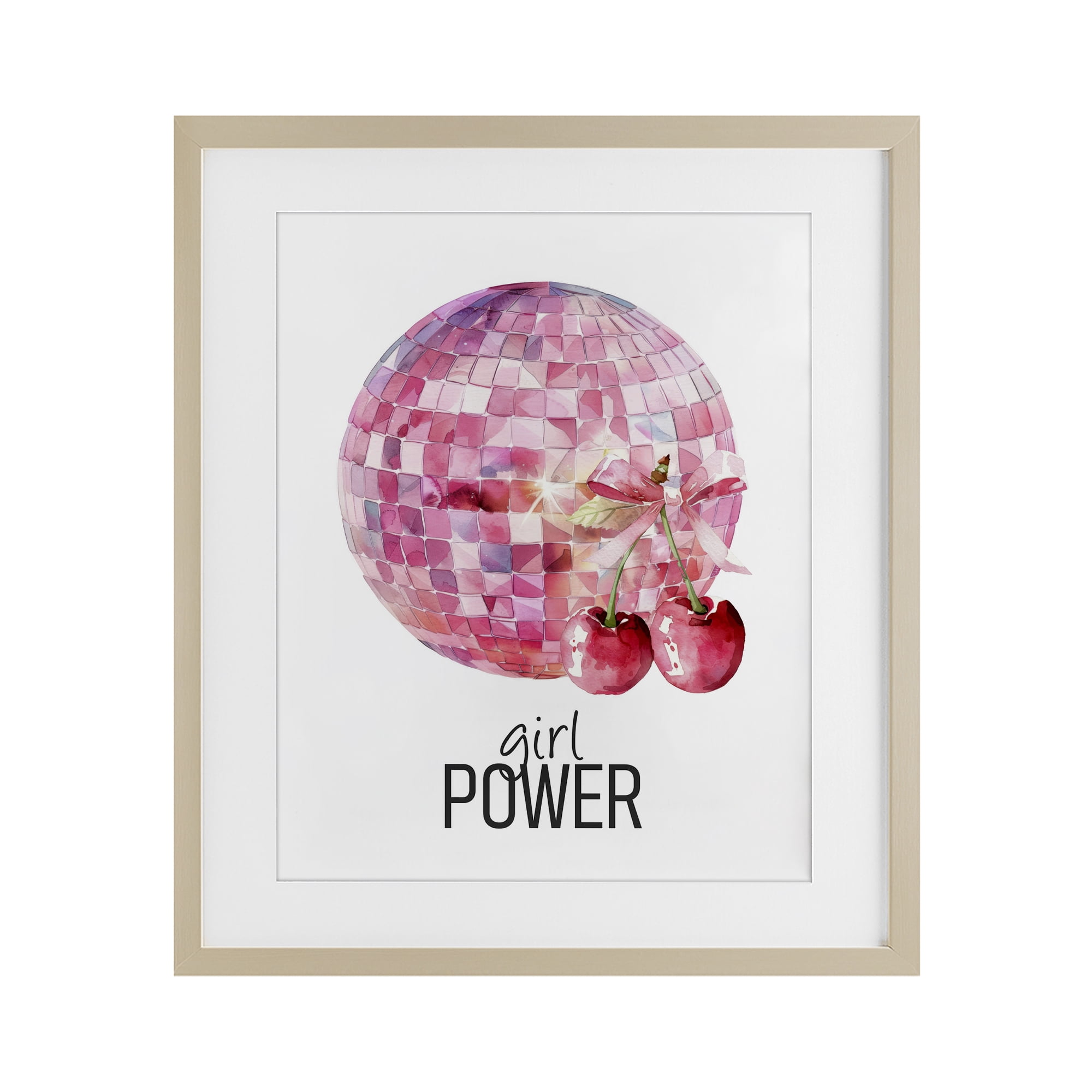 Girl Power Disco Cherries Birch Framed Print Under Glass, design by Kim Allen