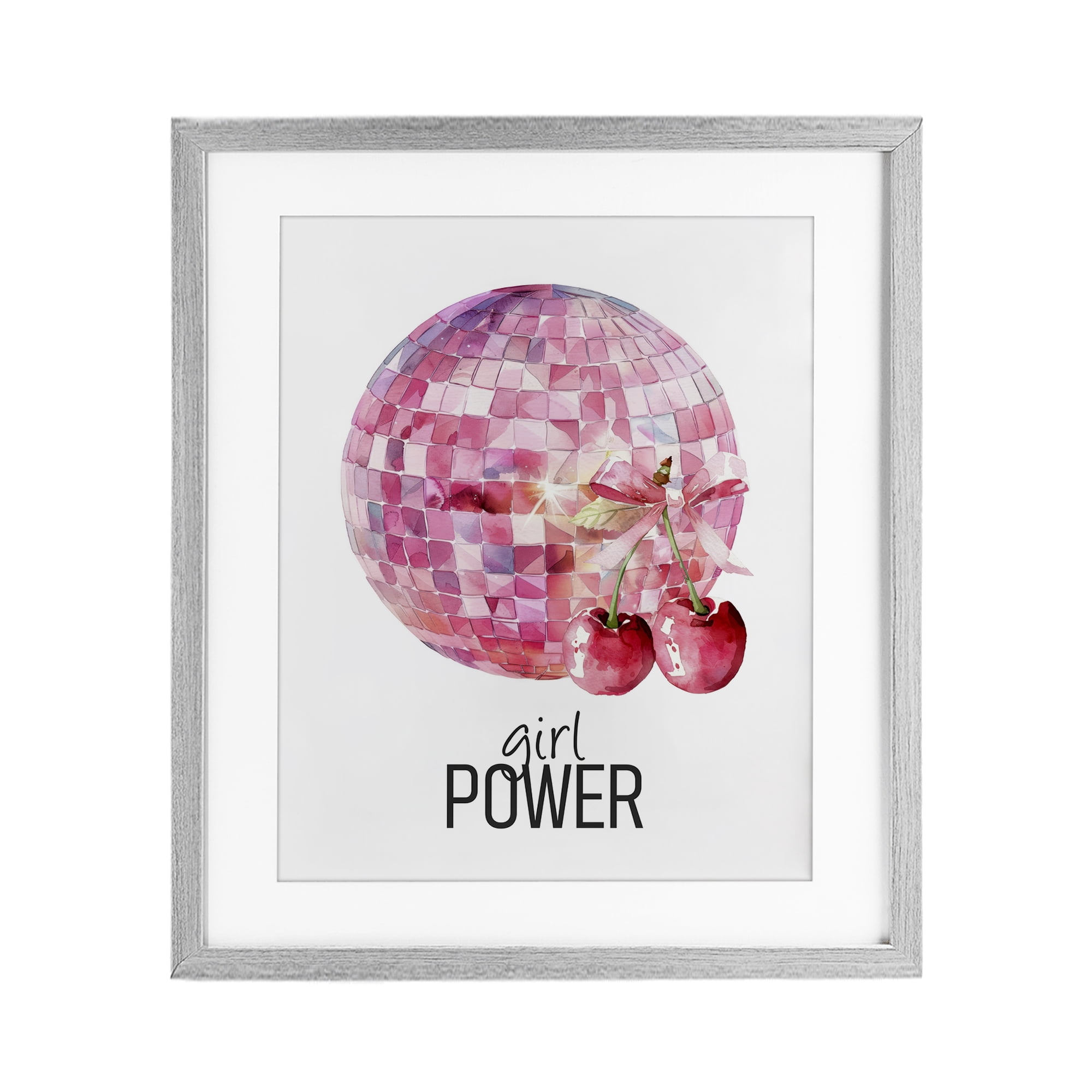 Girl Power Disco Cherries Gray Framed Print Under Glass, design by Kim Allen
