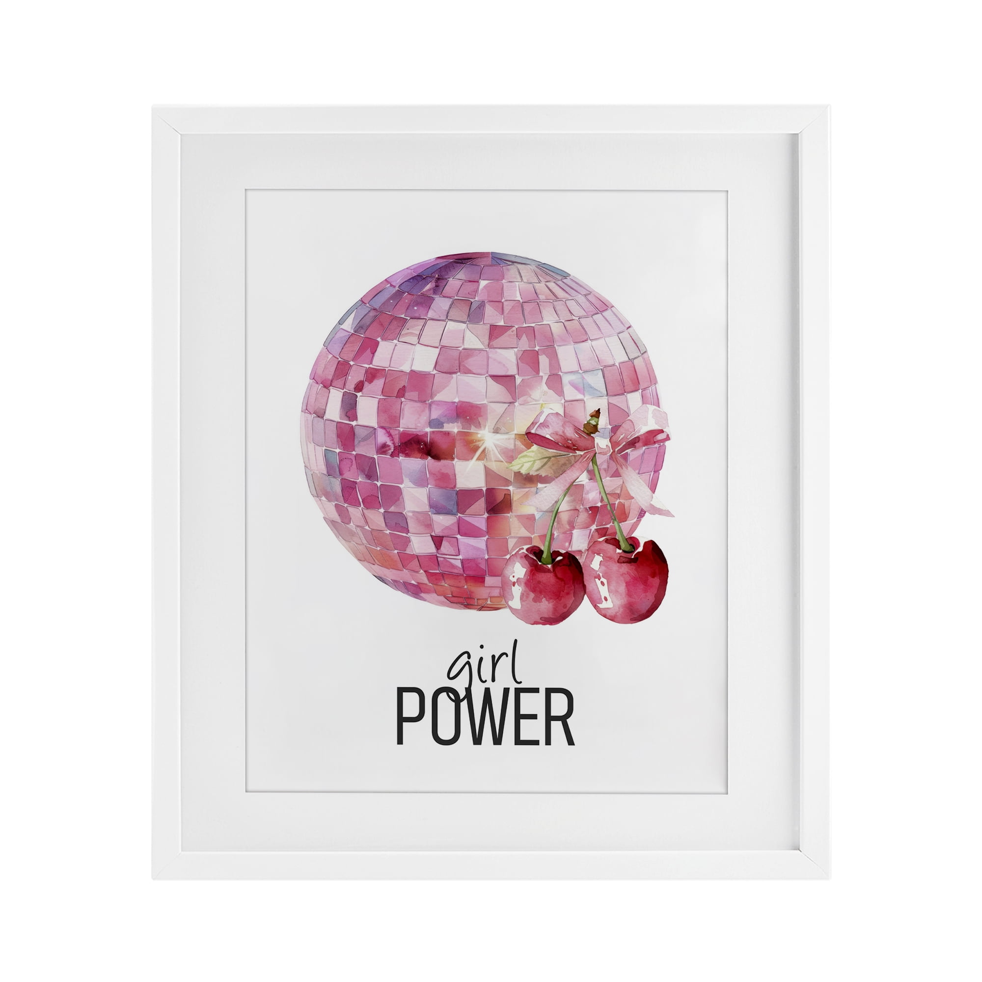 Girl Power Disco Cherries White Framed Print Under Glass, design by Kim Allen