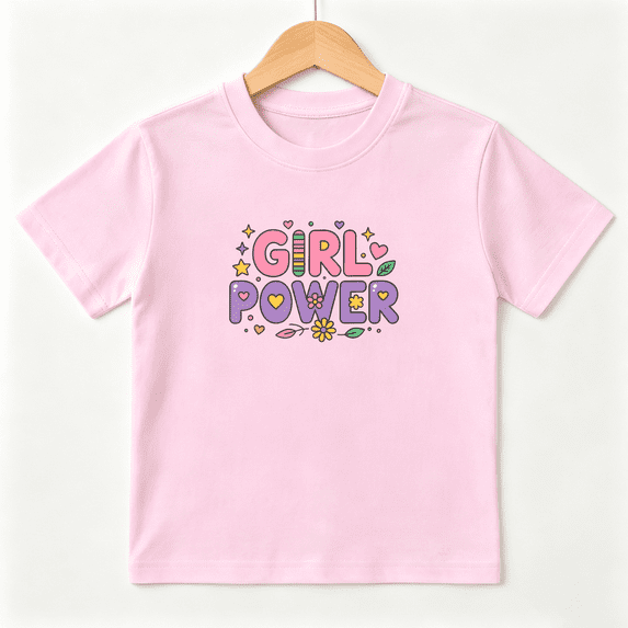 Girl Power Girls Graphic Tee, Cute Floral Power Retro School 100% Cotton Kids Short Sleeve T-Shirt