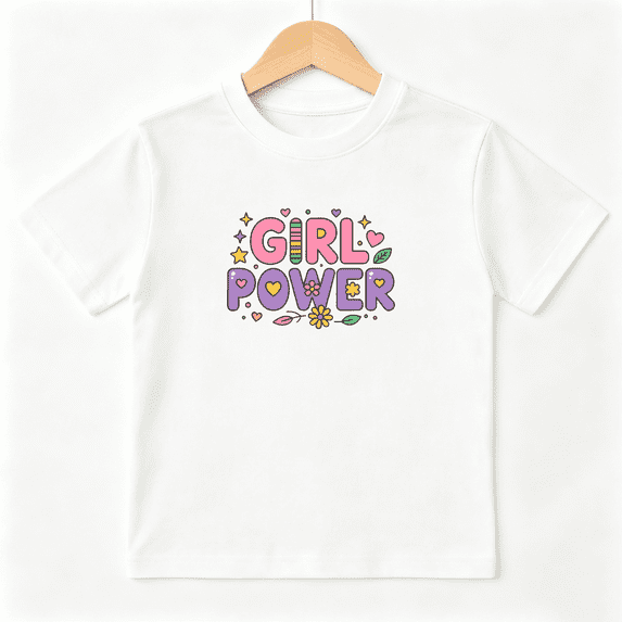 Girl Power Girls Graphic Tee, Cute Floral Power Retro School 100% Cotton Kids Short Sleeve T-Shirt