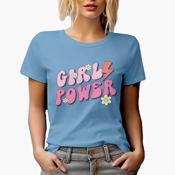Girl Power, Retro Feminist Art Merch Gift, Baby Blue T-Shirt, Large