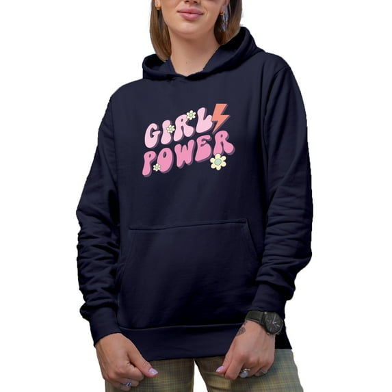 Girl Power, Retro Groovy Text Art, Navy Blue Hooded Sweatshirt or Hoodie, Medium