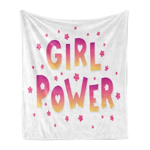 Girl Power Soft Flannel Fleece Blanket, Lettering with Ombre Style Letters Floral Composition Social Movement Theme, Cozy Plush for Indoor and Outdoor Use, 50" x 70", Yellow and Pink, by Ambesonne