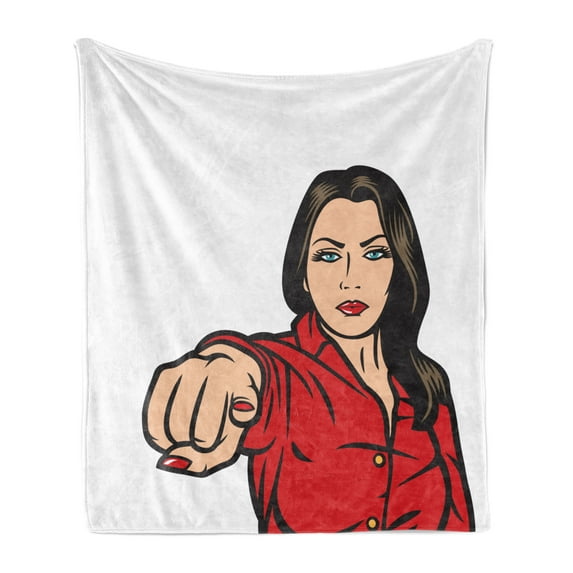 Girl Power Soft Flannel Fleece Blanket, Pop Art Style Retro Businneswoman Pointing Finger Cartoon Composition, Cozy Plush for Indoor and Outdoor Use, 70" x 90", Brown Beige Vermilion, by Ambesonne