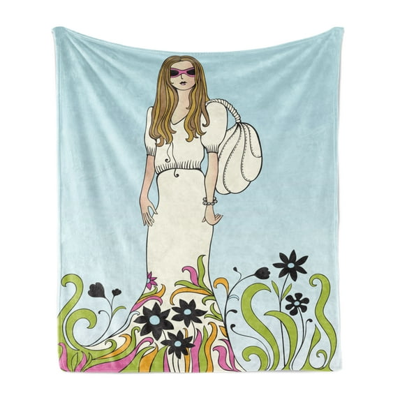 Girl Power Soft Flannel Fleece Blanket, Vintage Sixties Hippie Fashion Woman Civil Rights Movement Themes Floral Motifs, Cozy Plush for Indoor and Outdoor Use, 60" x 80", Multicolor, by Ambesonne