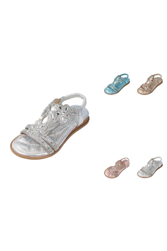 Girl Princess Rhinestone Slingback Sandals, Bohemian Flats with Elastic Ankle T-Strap, Open Toe Low Wedge Beach Shoes for Wedding, Casual Flip Flops