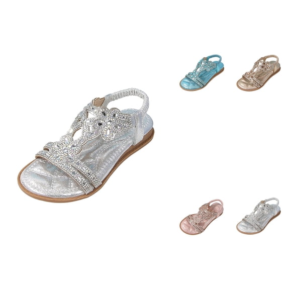 Girl Princess Rhinestone Slingback Sandals, Bohemian Flats with Elastic Ankle T-Strap, Open Toe Low Wedge Beach Shoes for Wedding, Casual Flip Flops