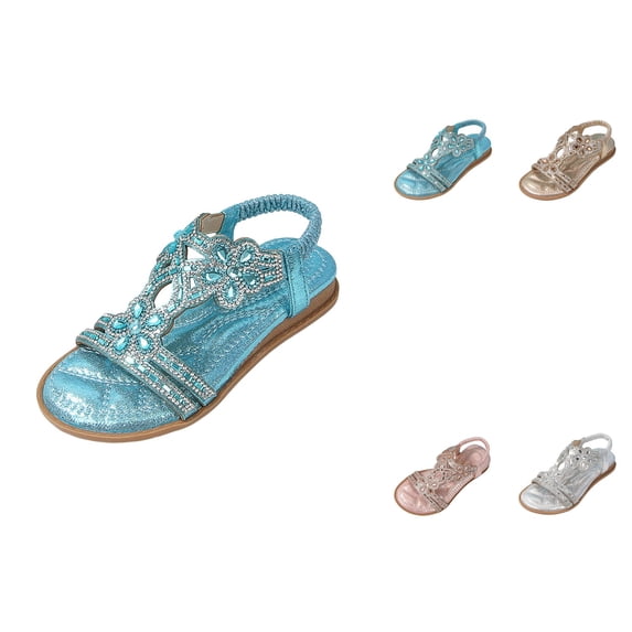 Girl Princess Rhinestone Slingback Sandals, Bohemian Flats with Elastic Ankle T-Strap, Open Toe Low Wedge Beach Shoes for Wedding, Casual Flip Flops