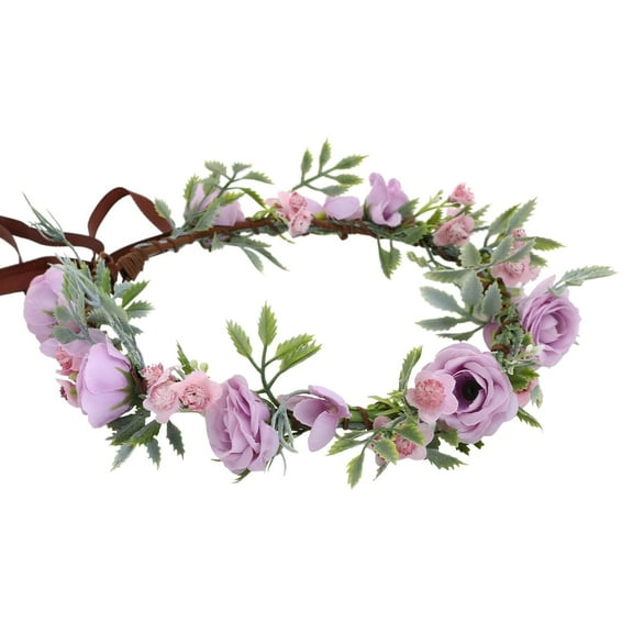 Girl Purple Flower Crown - Traditional Round Rose Headband Elegant Headpiece Purple Flowers And Green Leaves Accessories Renaissance Festival Birthday Party Headband Wedding Shoot