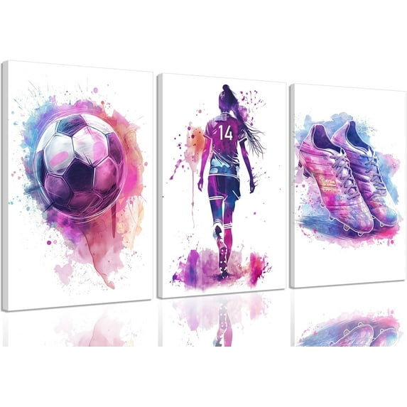Girl Purple Watercolor Soccer Canvas Wall Hieng Colorful Sneakers Posters Prints Wall Decor Pictures Sports Theme Football Painting for Bedroom Girls Room Teen Kids Playroom Hiengwork Home Decoration