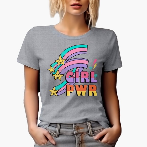Girl Pwr, Retro Feminist Art Merch Gift, Heather Grey T-Shirt, 3XL
