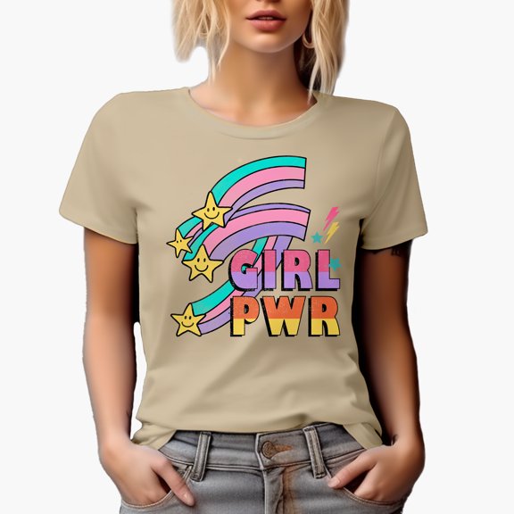 Girl Pwr, Retro Feminist Art Merch Gift, Tan T-Shirt, Medium