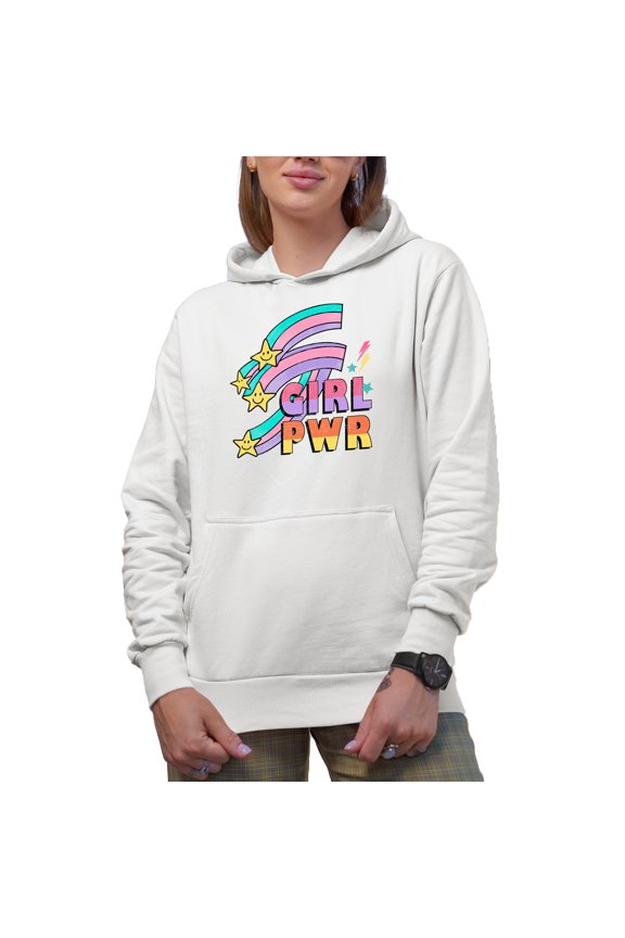 Girl Pwr, Retro Feminist Art Merch Gift, White Hooded Sweatshirt or Hoodie, Small