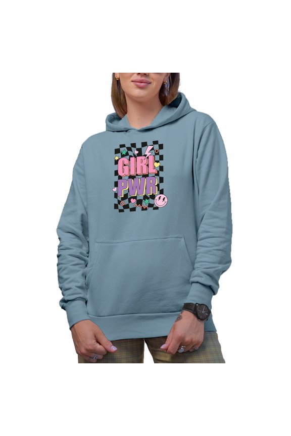 Girl Pwr, Retro Feminist Themed Art Merch Gift, Light Blue Hooded Sweatshirt or Hoodie, XL