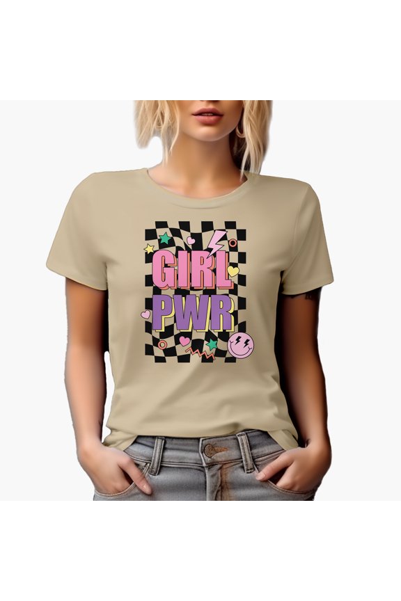 Girl Pwr, Retro Feminist Themed Art Merch Gift, Tan T-Shirt, 3XL