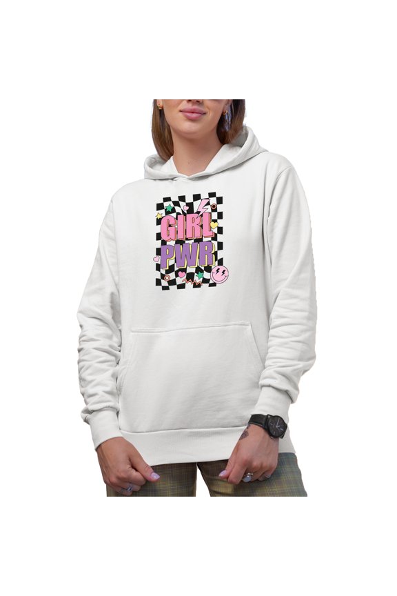 Girl Pwr, Retro Feminist Themed Art Merch Gift, White Hooded Sweatshirt or Hoodie, XL