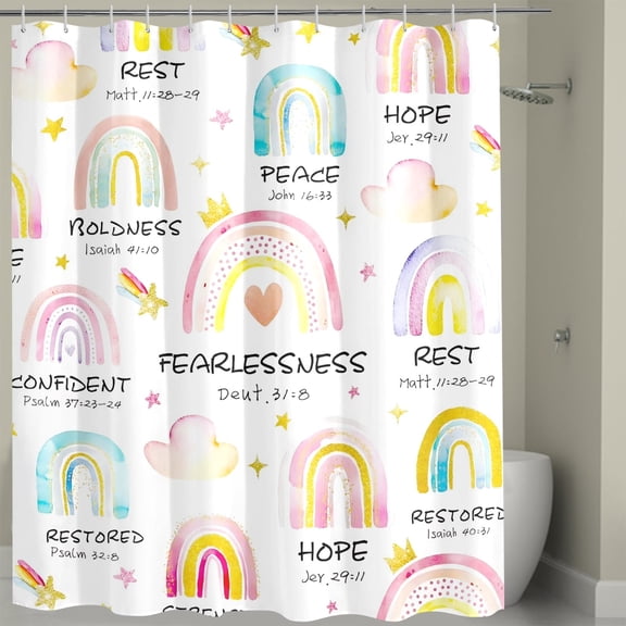 Girl Rainbow Shower Curtain Bible Verse Scripture Boho Inspirational Quote Christian Cute Cartoon Colorful Muted Cloud Bathroom Set 72Wx72L Inch Bath Curtain Bathtub Accessories Home Decor