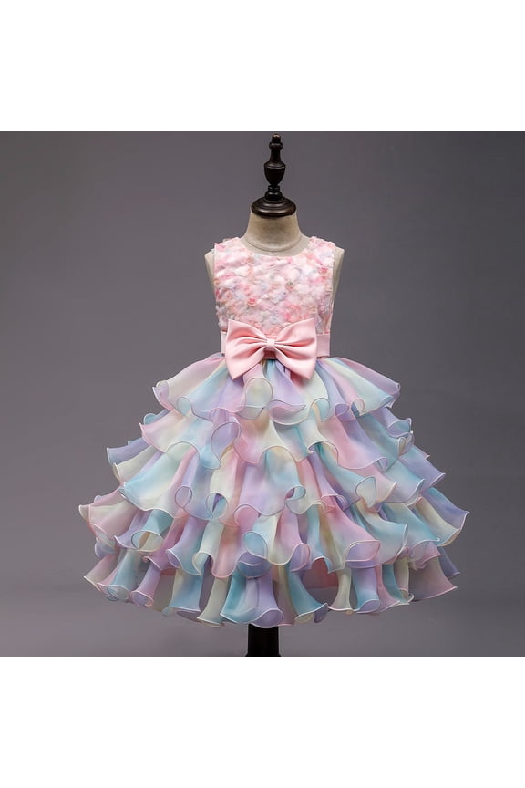 Girl Rainbow Tutu Dress Tulle Birthday Pageant Flower Ruffle Party Wedding Formal Princess Ball Gown