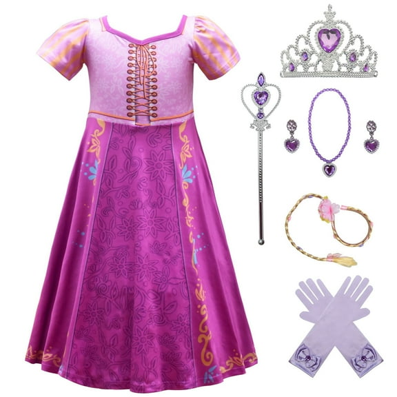 Girls Princess Cosplay Costume w/Crown Female Cartoon Print Fancy Outfits for 4-9 Year Little Girls