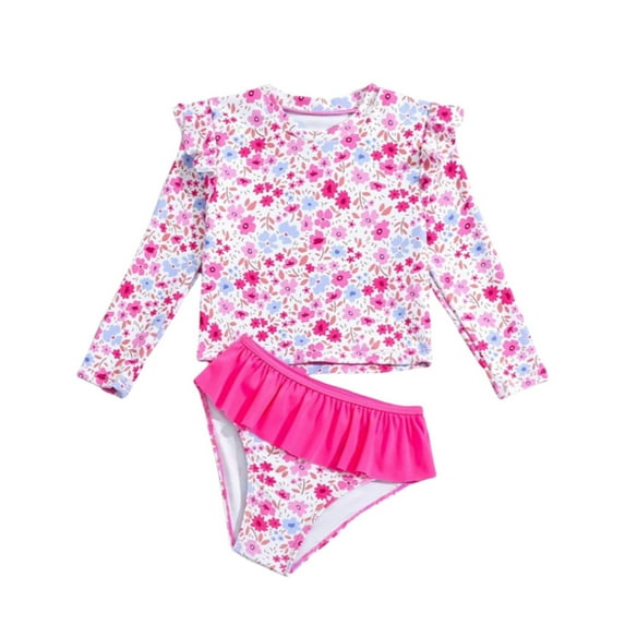 Girl Rash Guard Swimsuit Long Sleeve Swimsuit Girls Bathing Suits Girls Swim Shorts Bikini Set Two Piece Swimwear with Cutout for Kids Bathing Suit