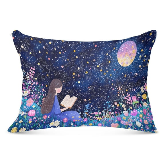 Girl Read Book in Moonlight Plush Pillow Cases Standard Size Ultra Soft Warm Pillowcases with Zipper 20"x26"