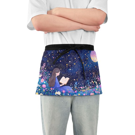 Girl Read Book in Moonlight Server Apron with 3 Pockets Waterproof Waitress Waist Short Apron for Man Woman 12 Inches