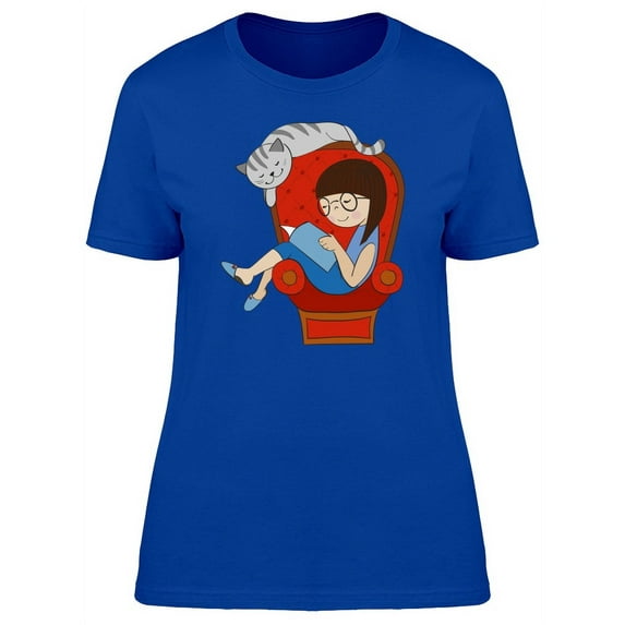 Girl Reading A Book With Her Cat T-Shirt Women -Image by Shutterstock, Female Small