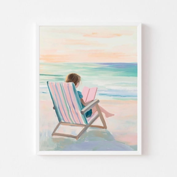 Girl Reading Beach Pastel Coastal Wall Art, Unframed Canvas Size 12x18