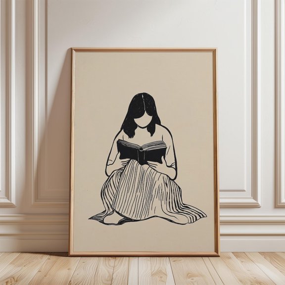 Girl Reading Book Line Art Cozy Library Reading Nook Wall Decor, Unframed Paper Poster 8x10in